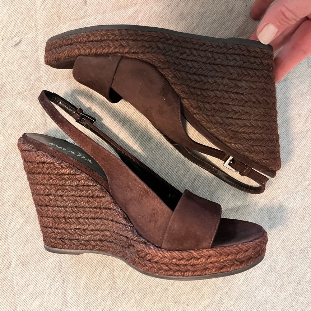 PRADA EU 37 US 7 Brown Suede Sling Back Espadrille Wedge Shoes Orig $1150 - Picture 10 of 11